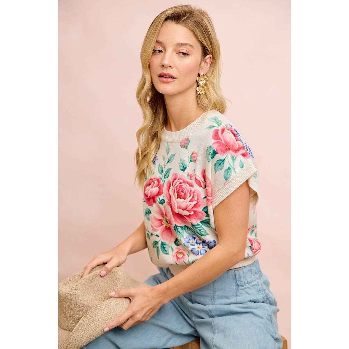 Floral artwork printed short sleeve sweater