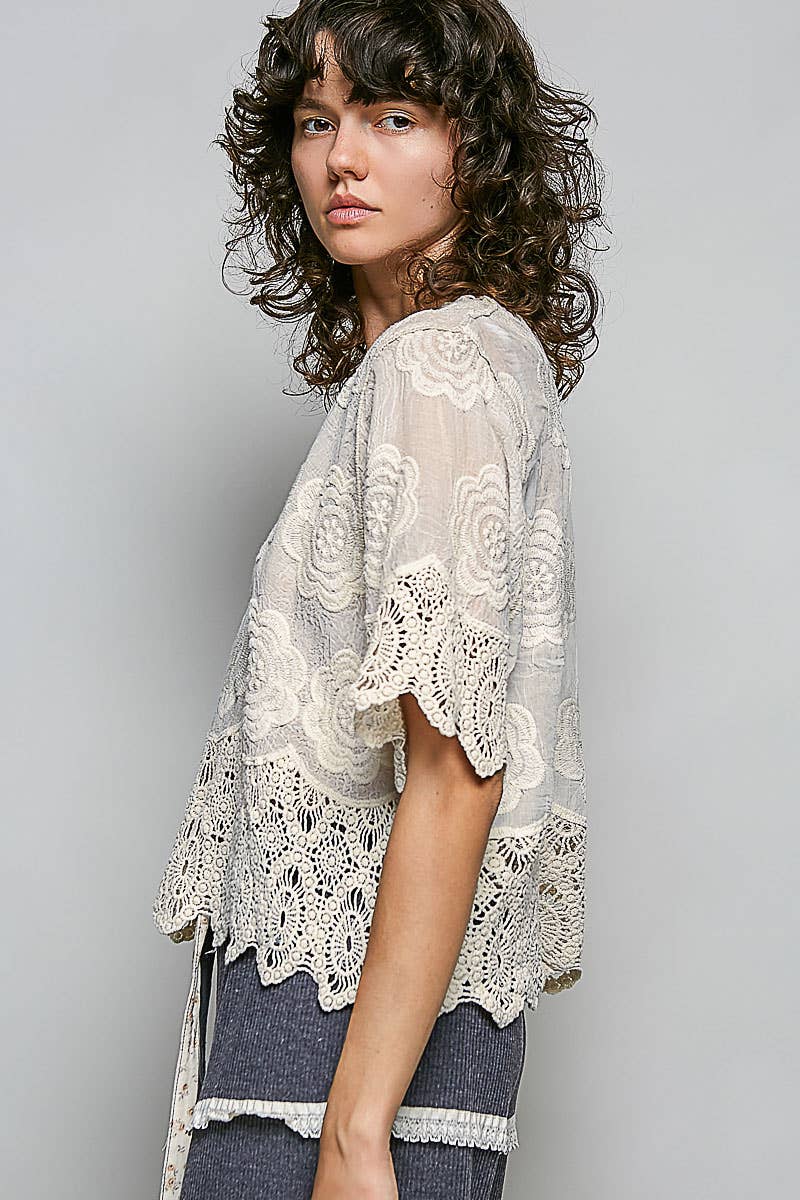 Crochet Trim Short Sleeve Top