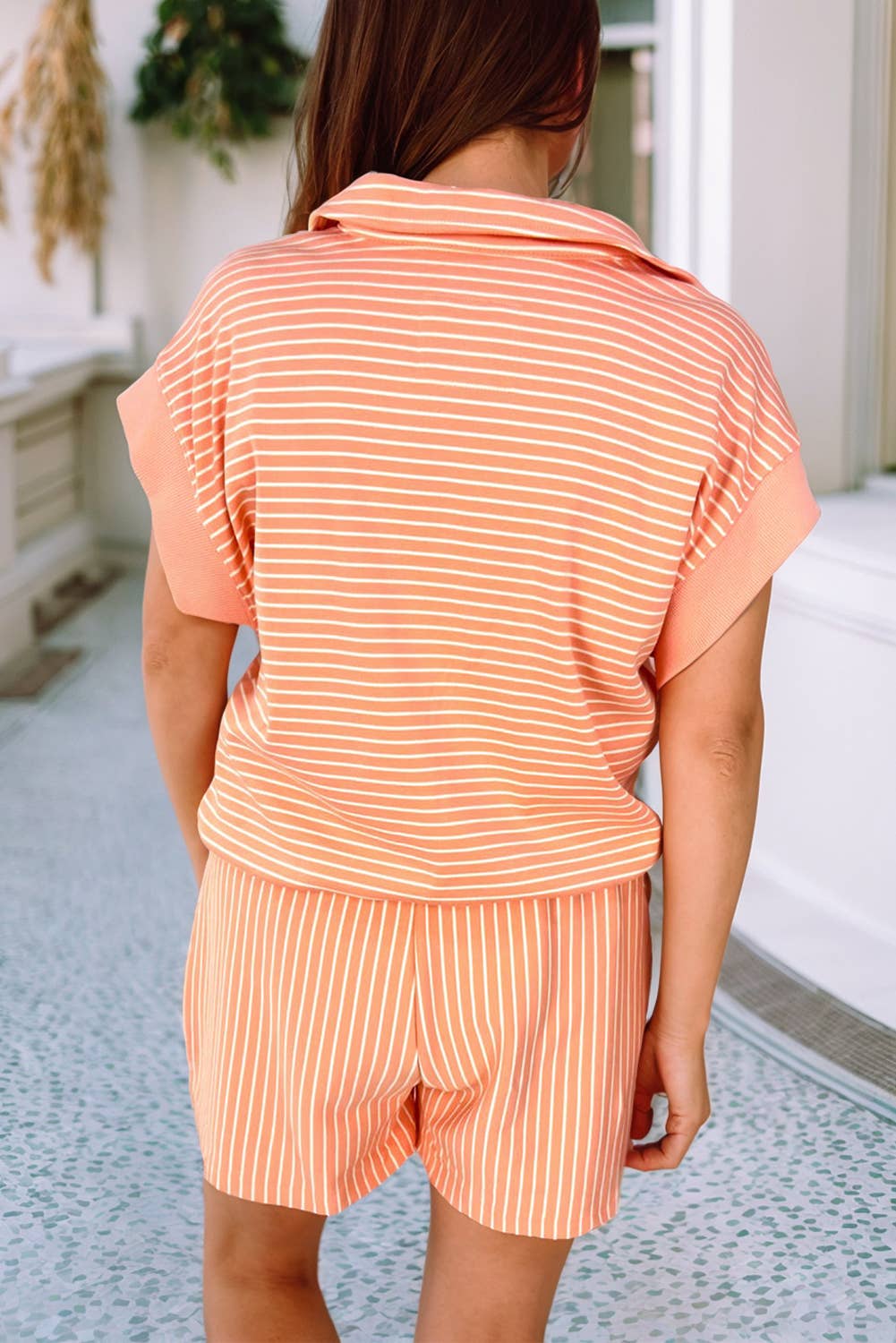 Plus Orange Stripe Loose Polo Shirt and Shorts 2pcs Outfit