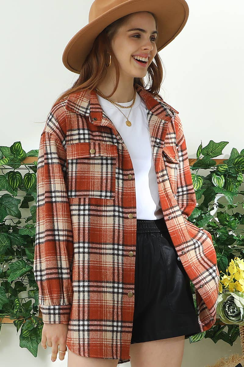 Plaid orange/brown/tan shirt jacket