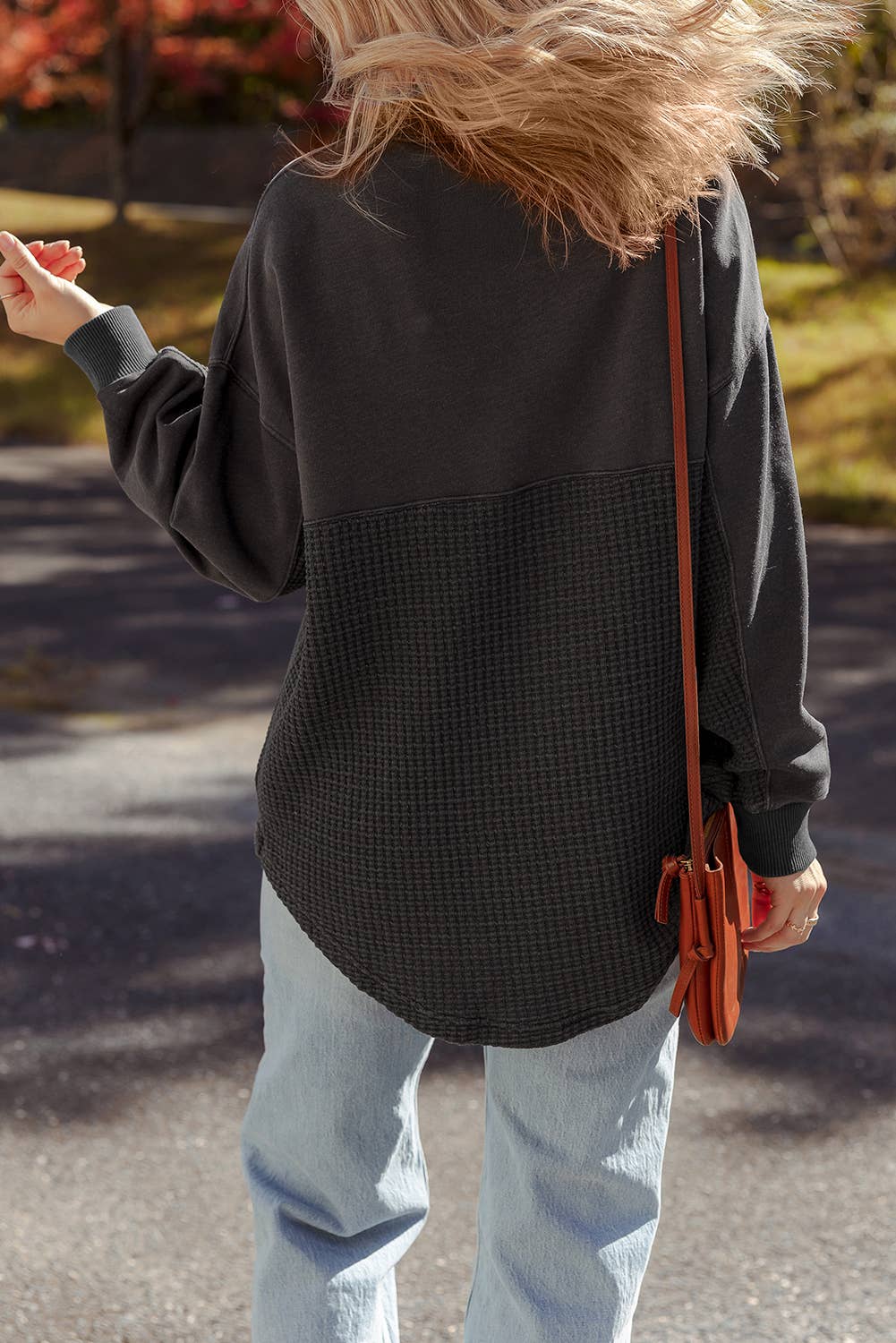 Collared Waffle Knit Zipper Sweatshirt