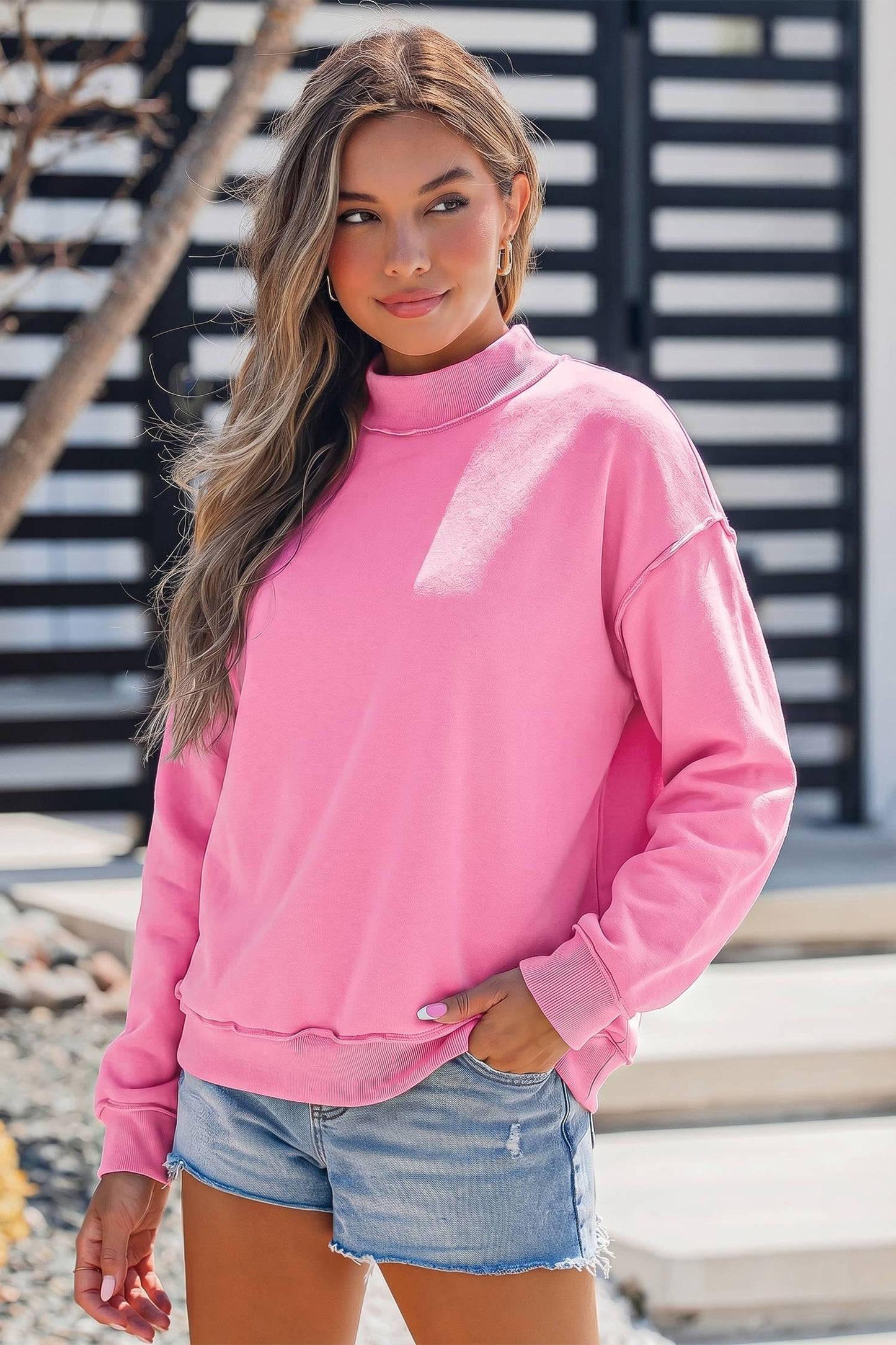 Oversize Drop Shoulder Reversible Mock Neck Sweatshirt S-4X