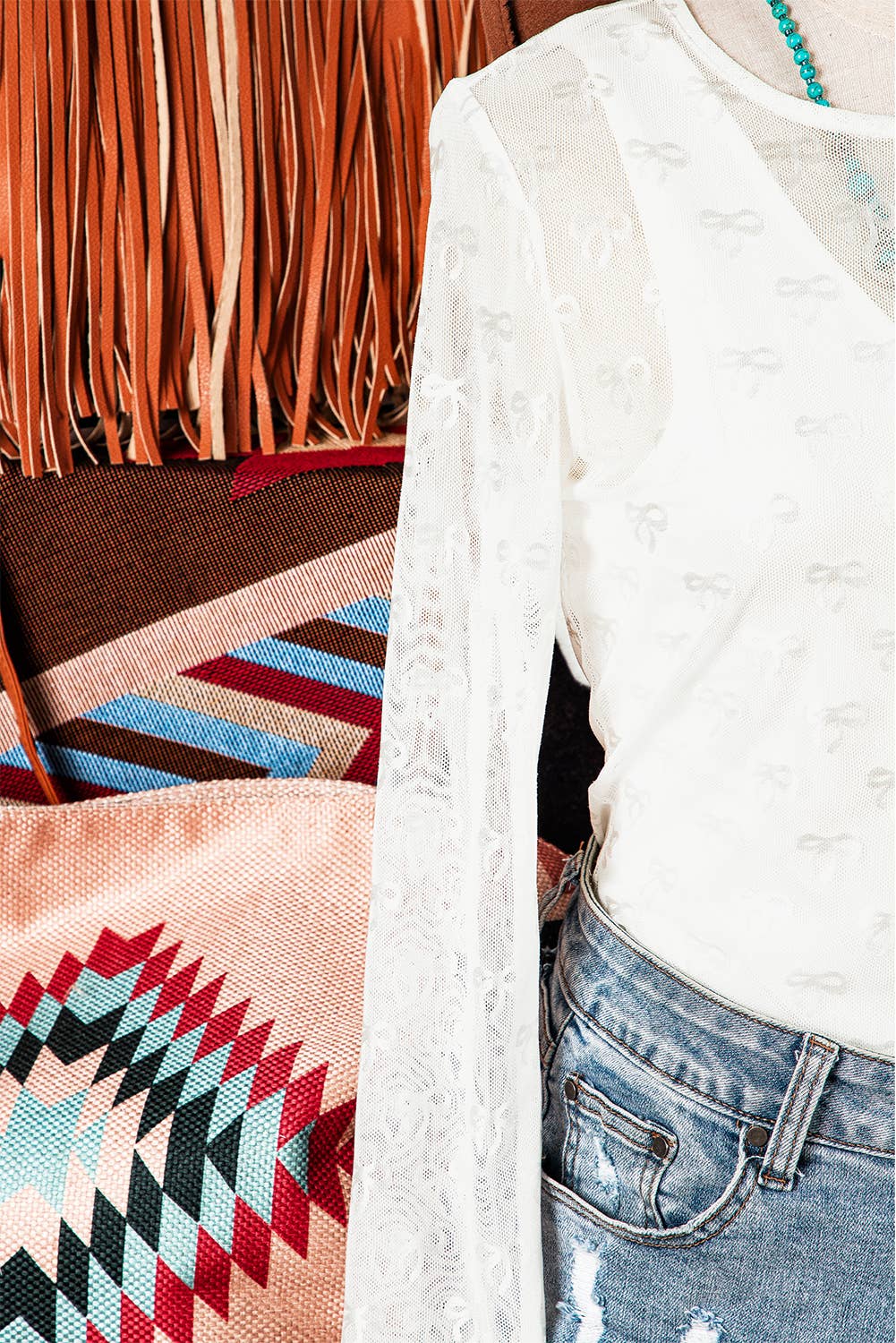 Mesh Bow Pattern Long Sleeve Top