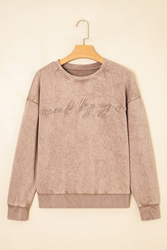 Saved by grace Letter Embroidery Mineral Wash Sweatshirt