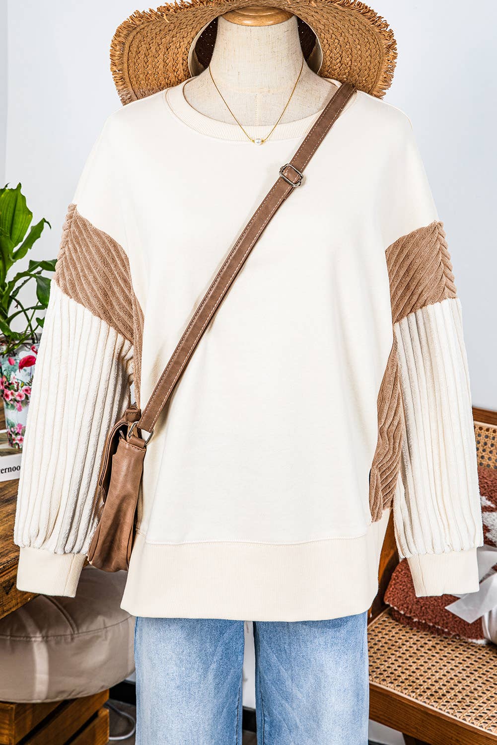 Corduroy Patch Color Block Sweatshirt