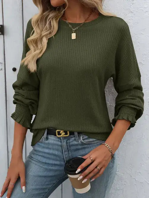 Casual Ribbed Long-Sleeve Top