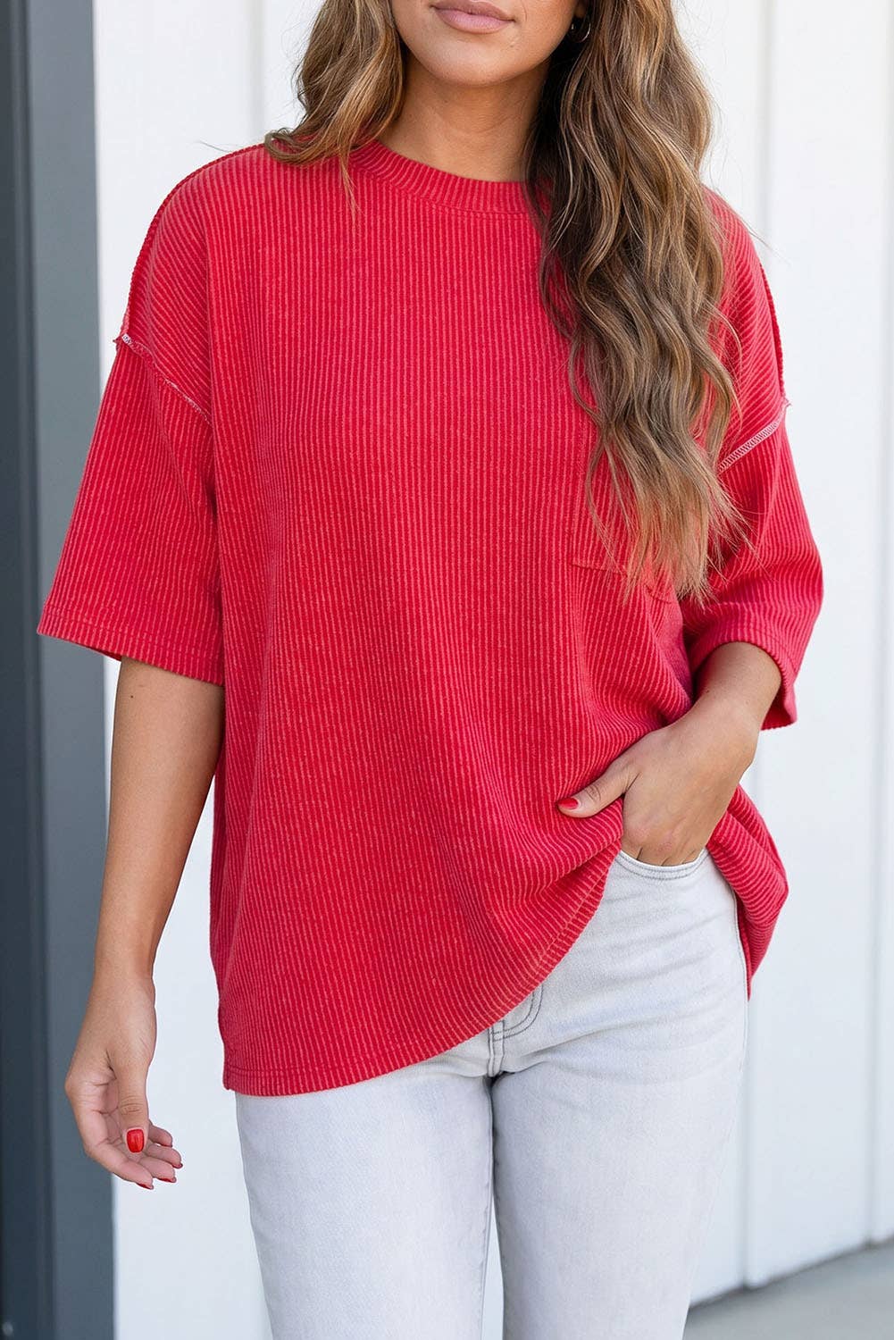 Plus Red Ribbed Top