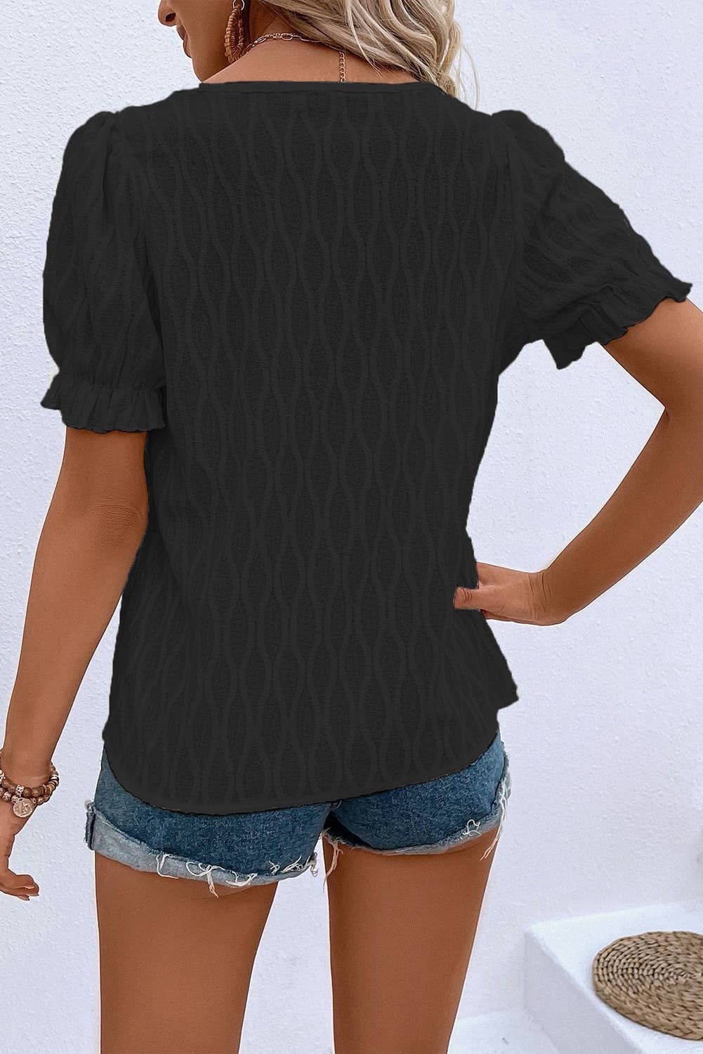 Textured Notched Neck Puff Sleeve