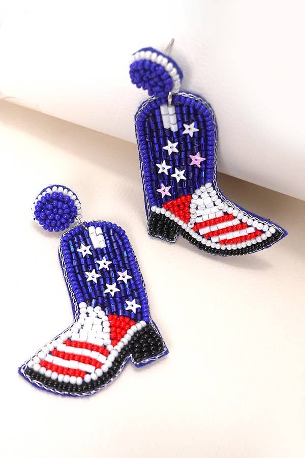 4TH OF JULY SEEDBEAD BOOT FLAG DROP EARRINGS