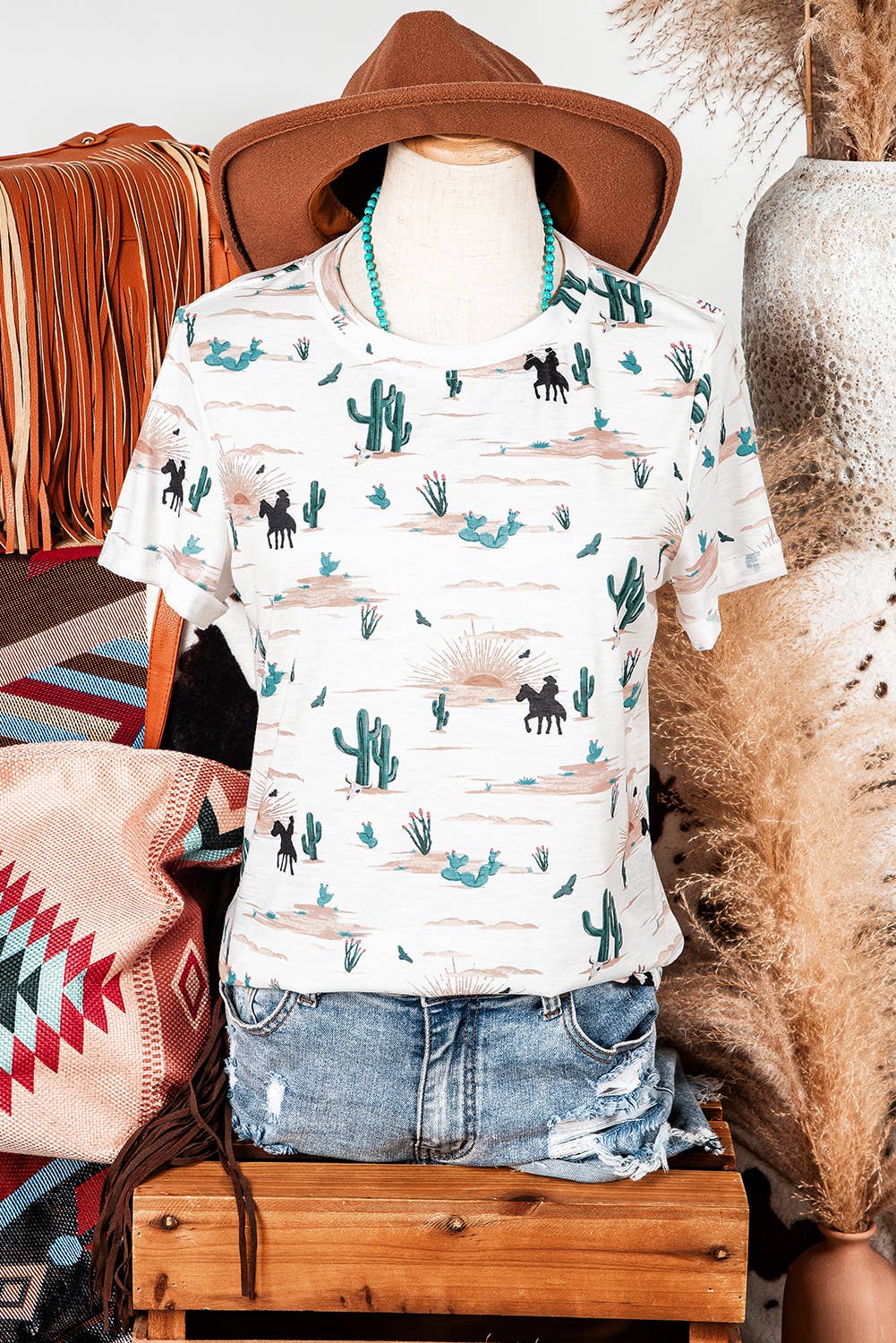 Western Cactus Print Short Sleeve Top