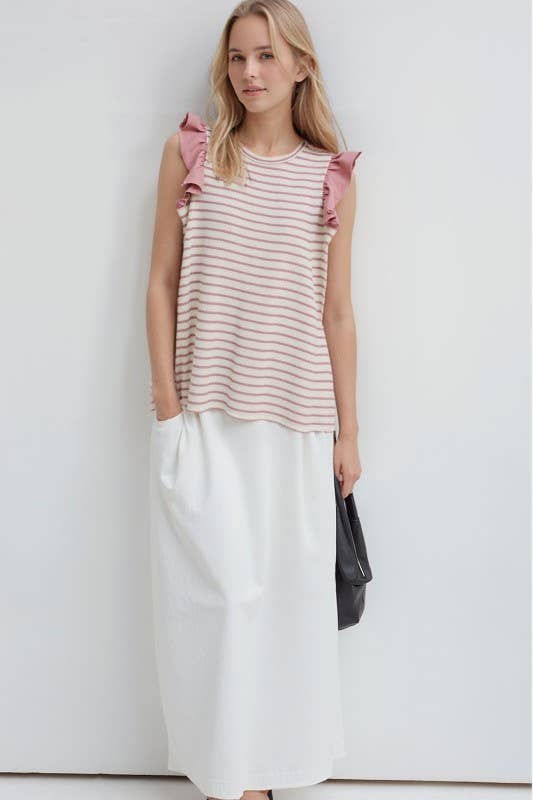 Striped ruffle sleeve top mauve