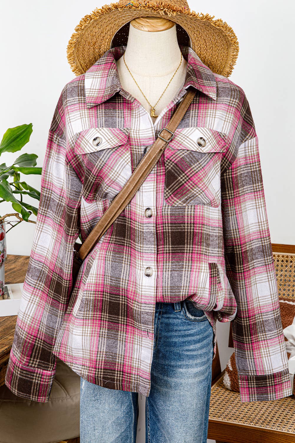 Brown pink plaid button shirt