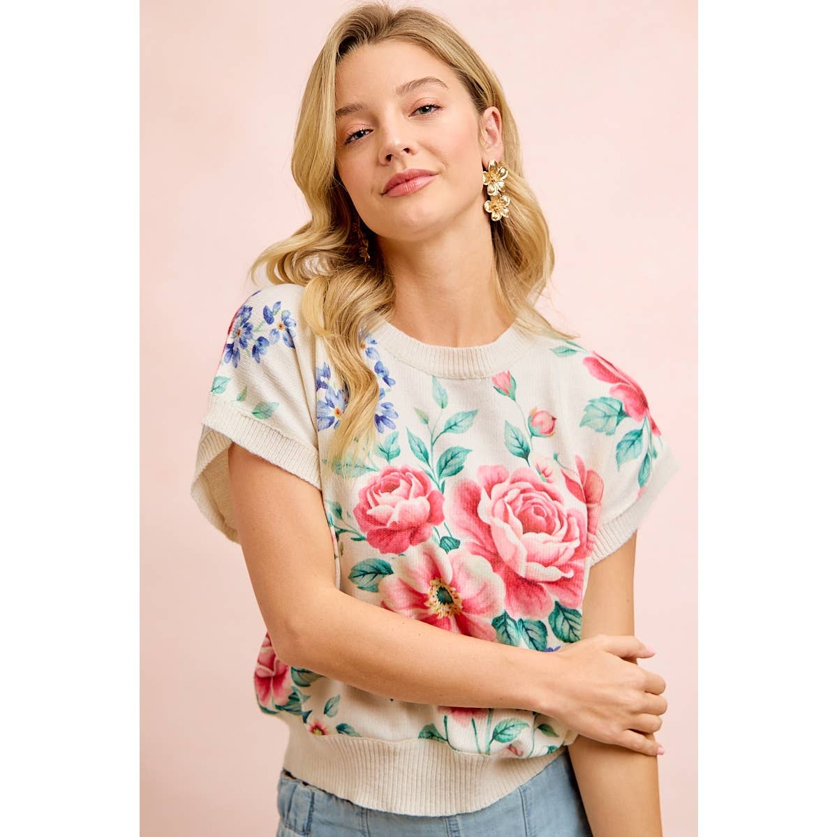 Floral artwork printed short sleeve sweater