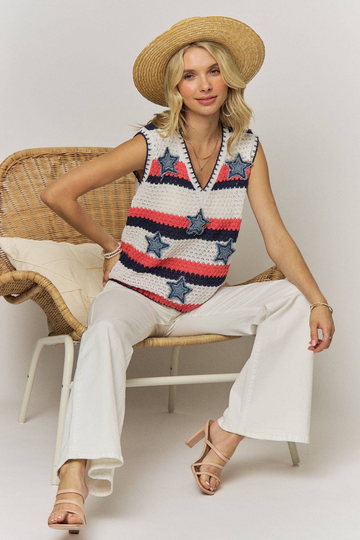 Striped star knit sleeveless top