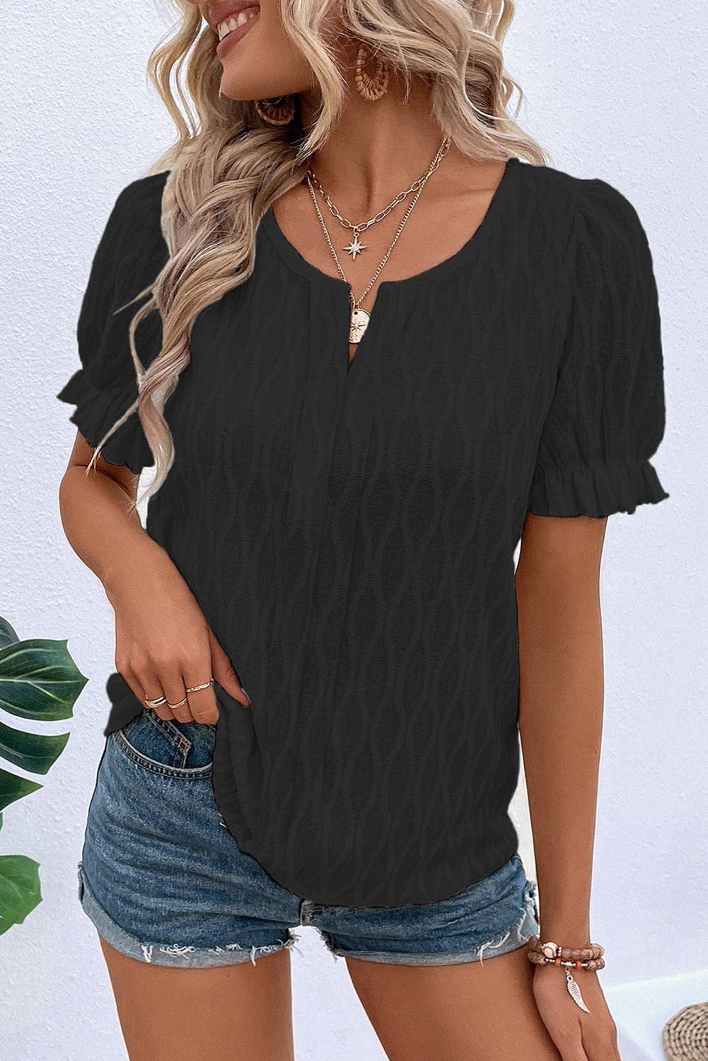 Textured Notched Neck Puff Sleeve