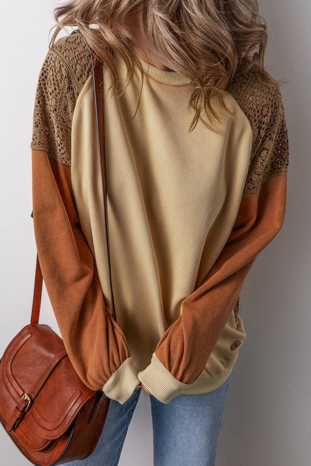 Khaki Lace Patchwork Colorblock Sweatshirt
