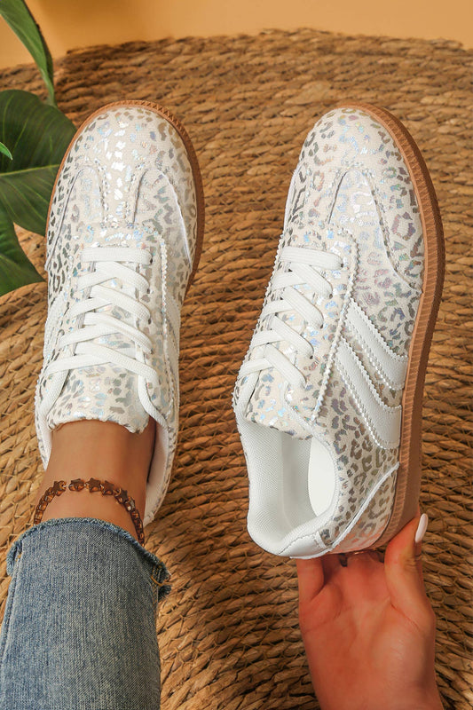 Leather Detail Shimmer Leopard Printed Lace-up Sneakers