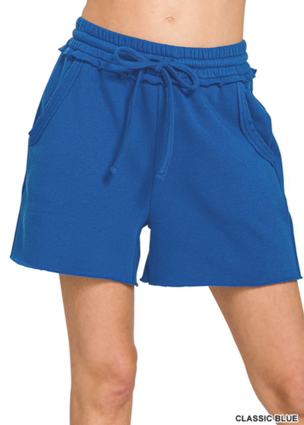 Fleece raw hem shorts with draw string