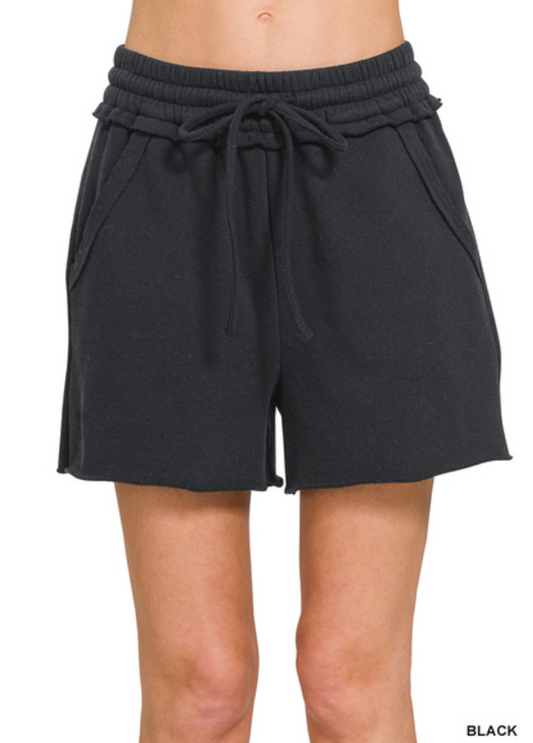 Fleece raw hem shorts with draw string