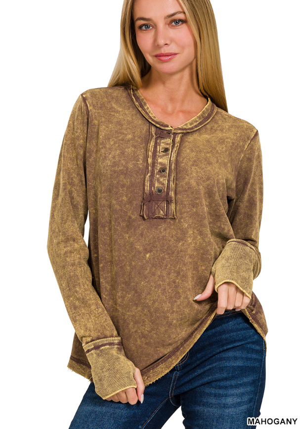 Acid washed thumb hole cuffs long sleeve top