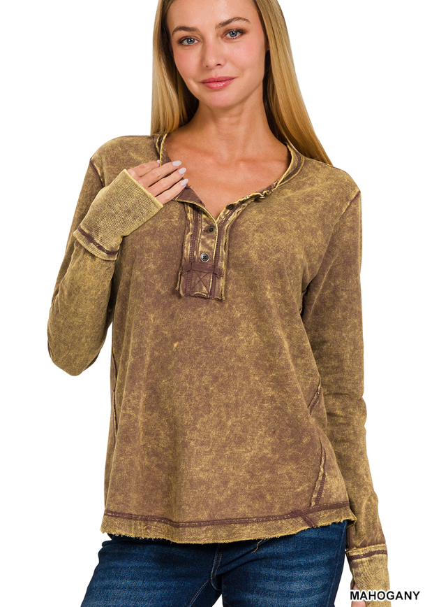 Acid washed thumb hole cuffs long sleeve top