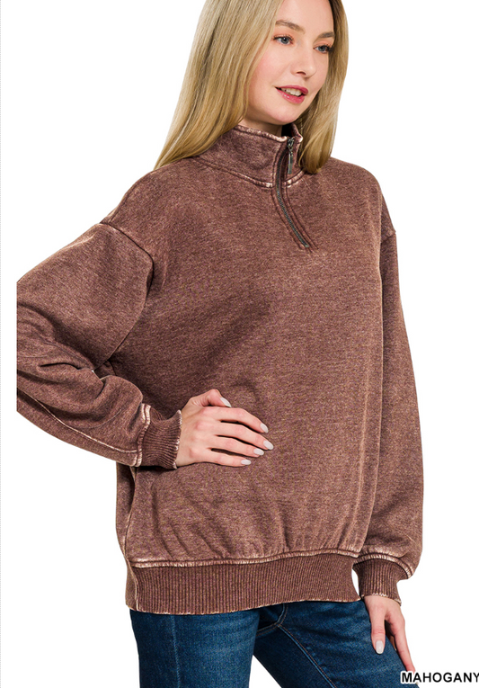 Acid wash fleece half zip pullover