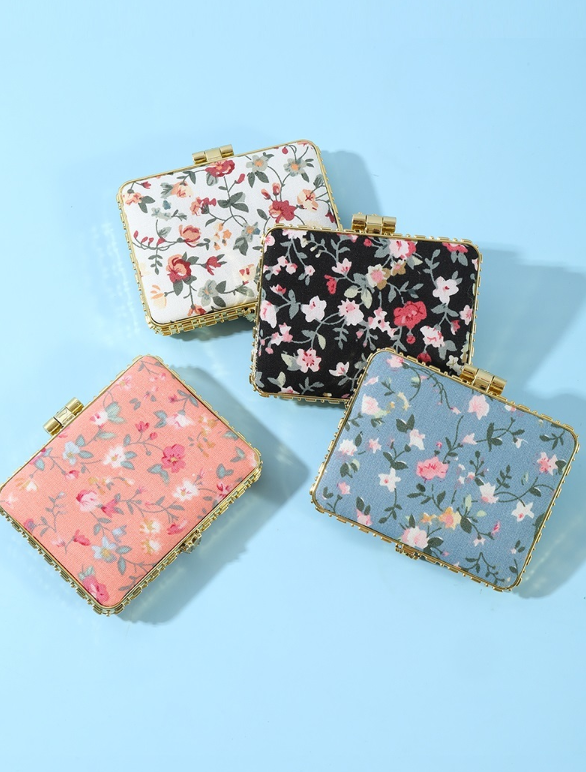 Folding pocket mirror floral, checkered or heart leopard