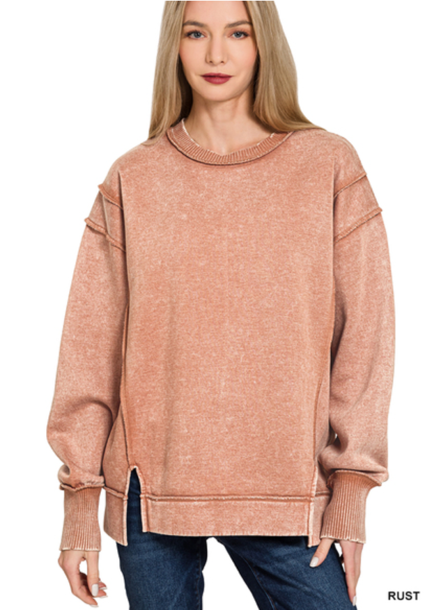 Acid wash exposed-seam fleece sweatshirt