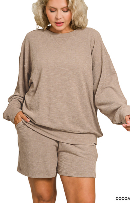 Slub pullover and shorts set plus