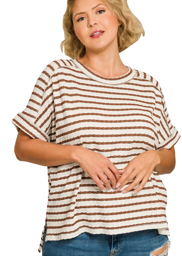Stripe jacquard round-neck box tee