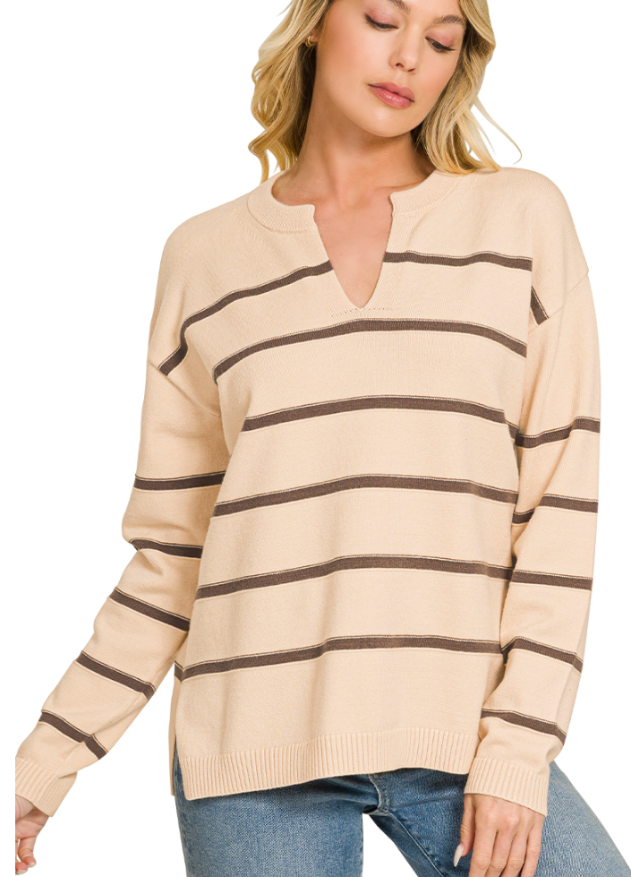 Viscose Split Neck Striped Sweater